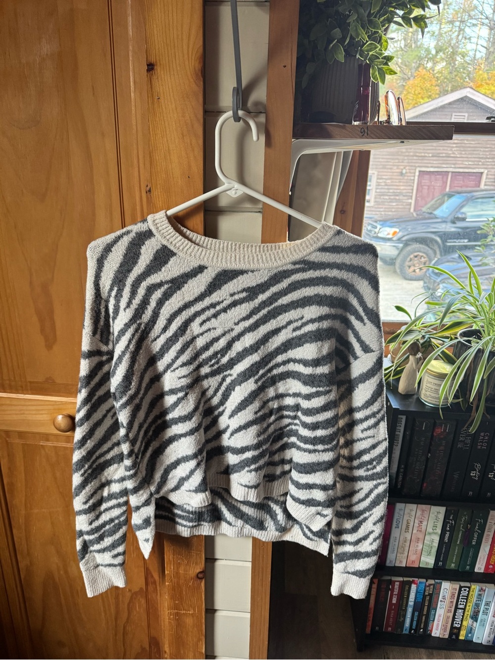 Zebra-Print Crewneck Sweater - Gray & White